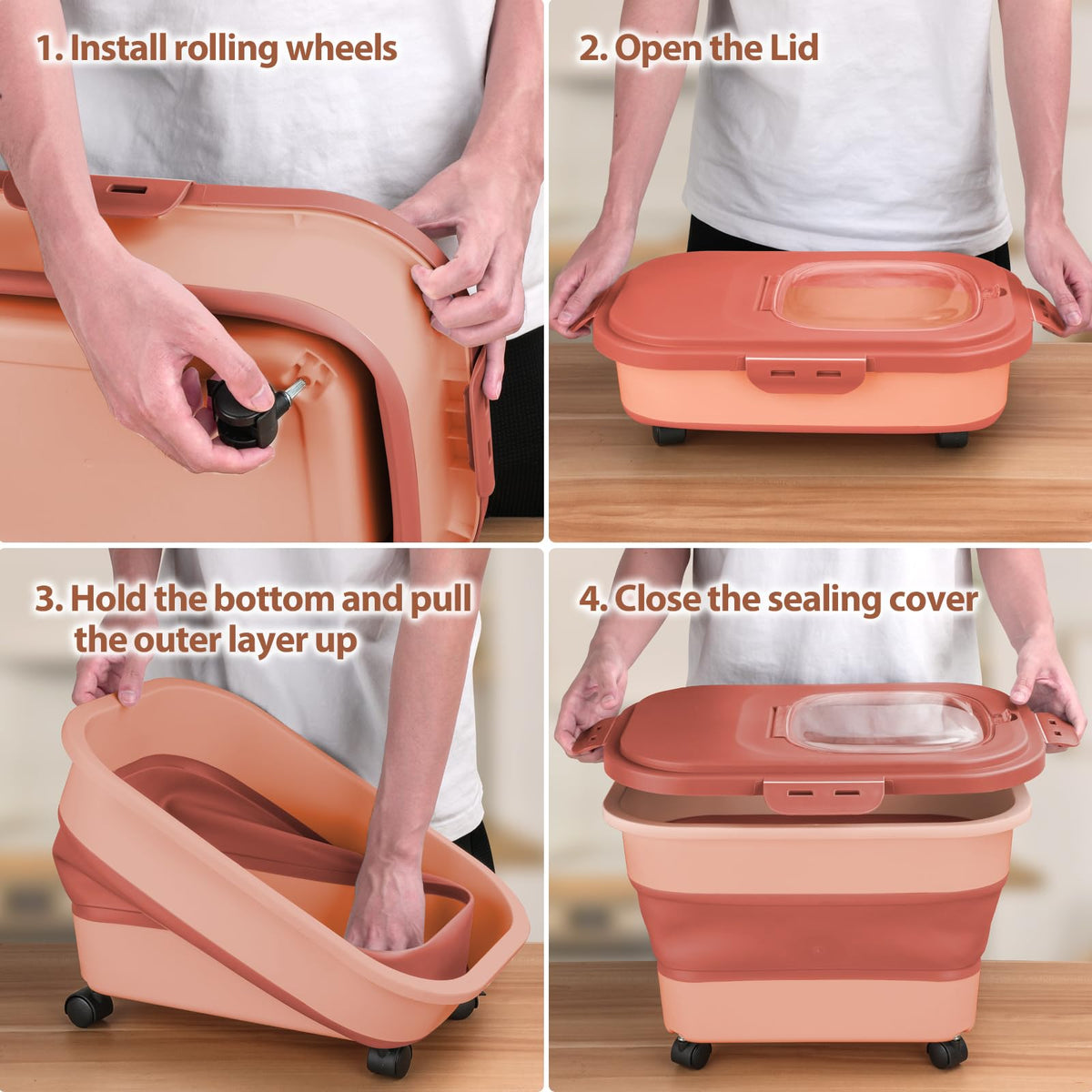 Collapsible Pet Food Storage Container with Wheel, Cup and Scoop J732
