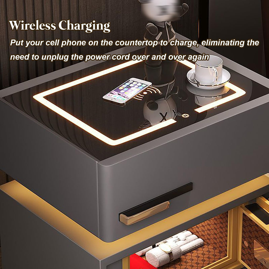 Light Gray Nightstand with Wireless Charging and Drawers Y69316