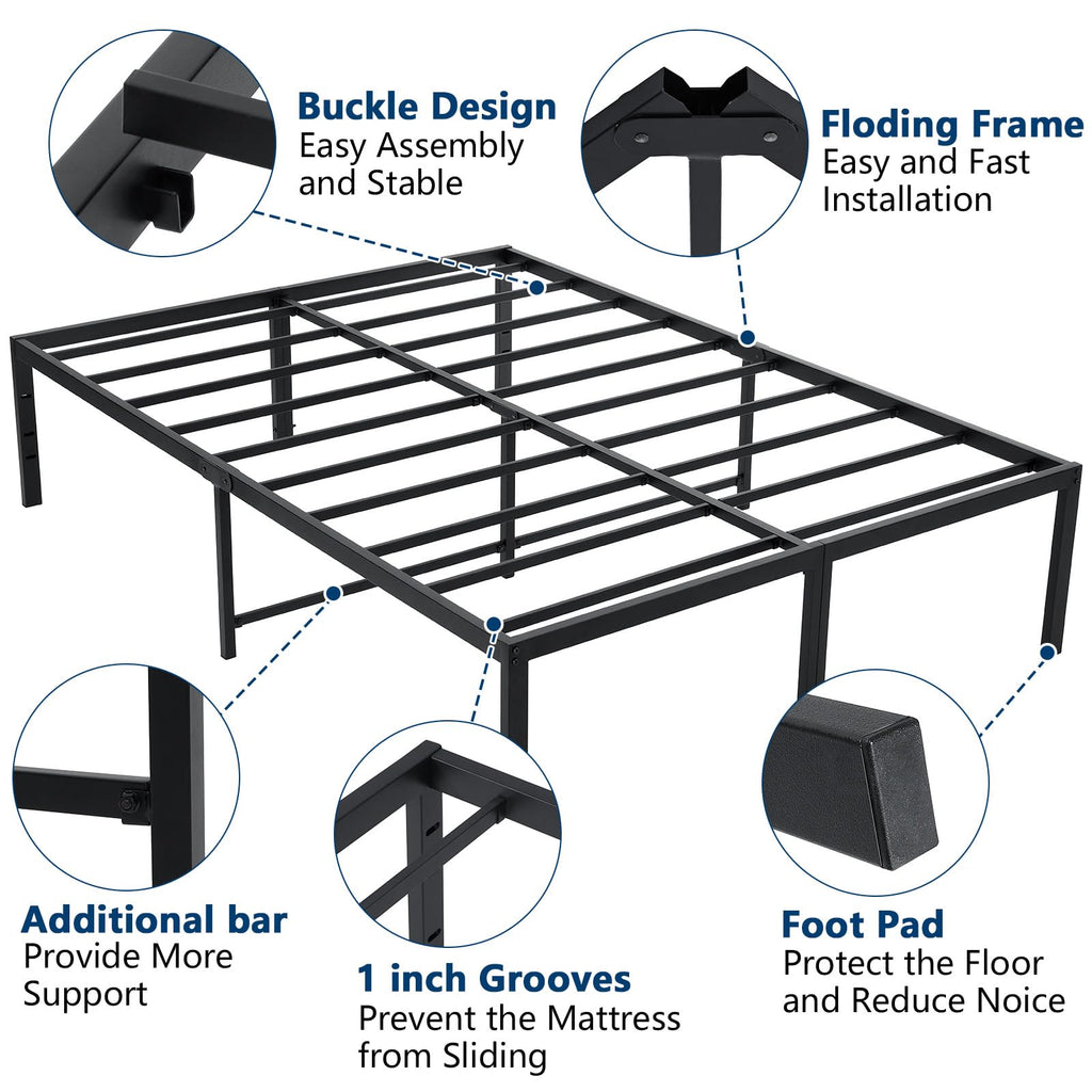 Queen Size Black Metal Bed Frame with Steel Slats I173