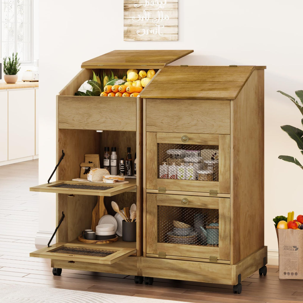 Brown Wooden Potato Storage Bin with Wheel Q244