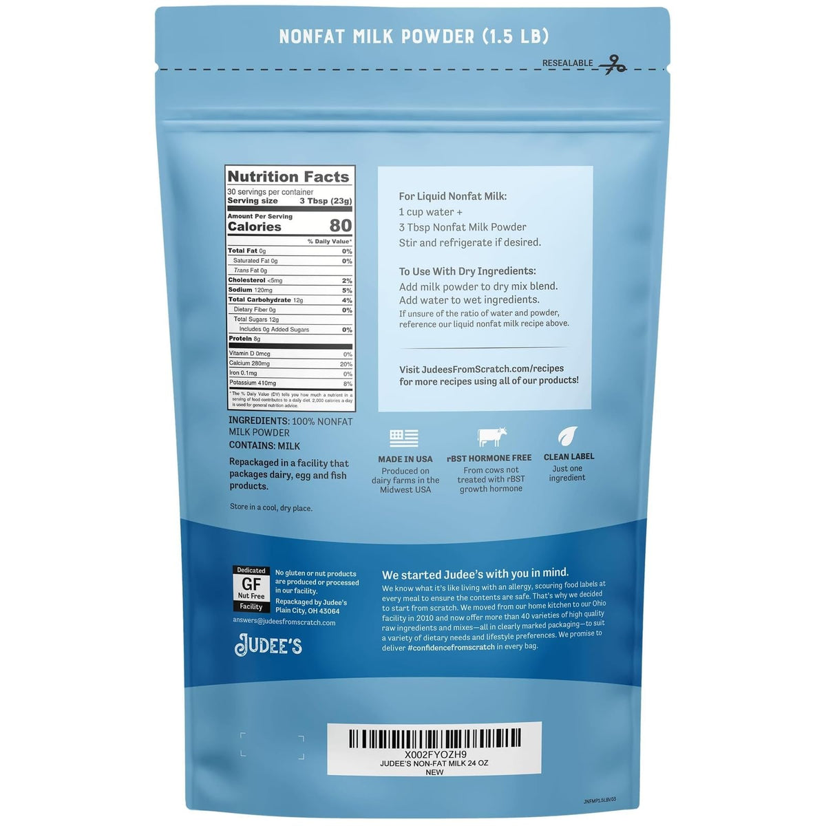 Gluten Free Non Fat Dry Powdered Milk 1.5 lb I50218