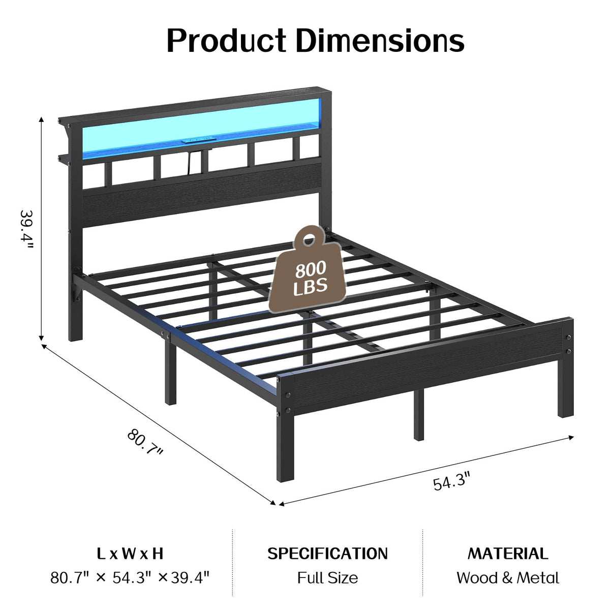 Full Size Bed Frame with Charging Station and LED B47616