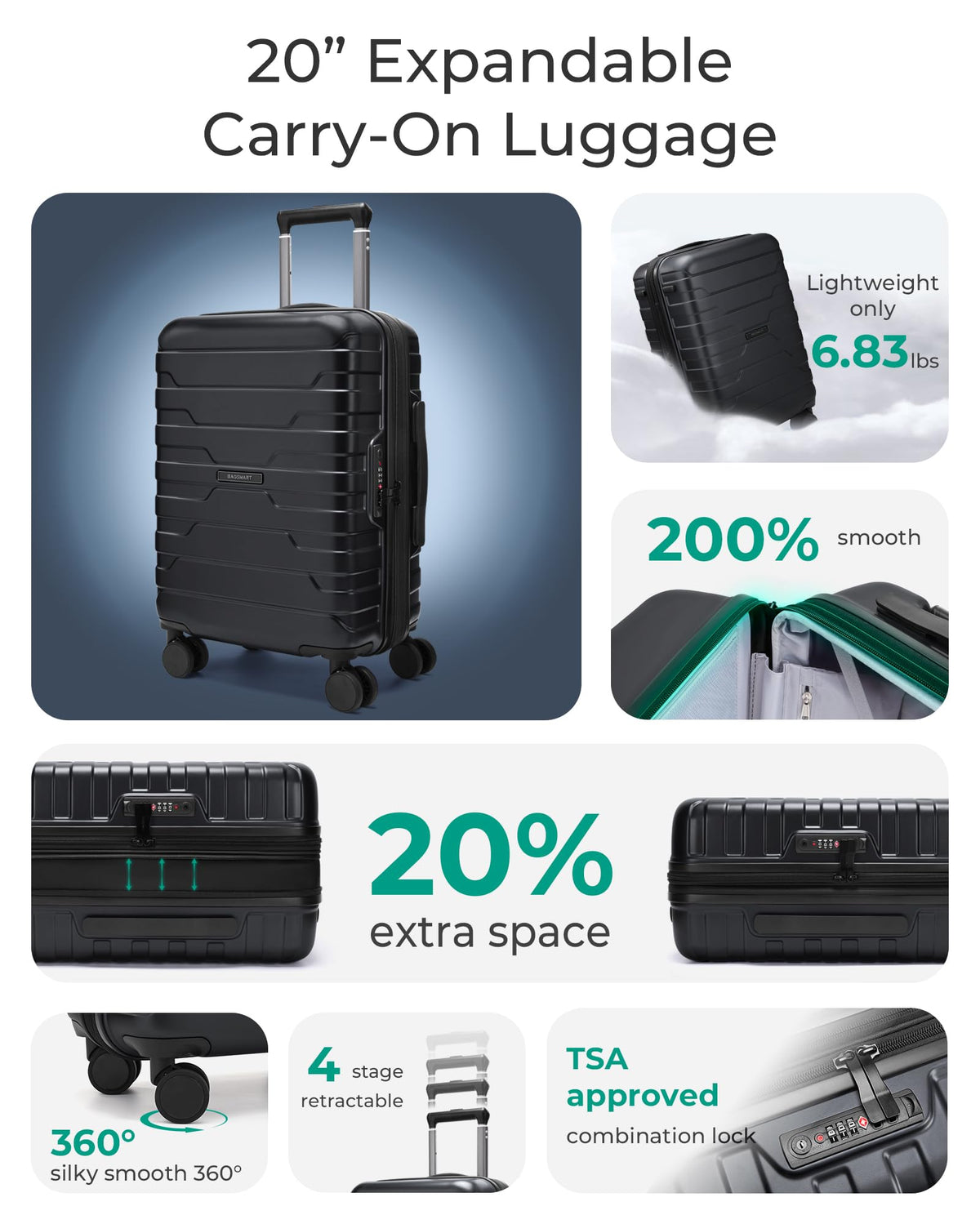 Expandable Spinner Carry-On Luggage 20" Black A25773
