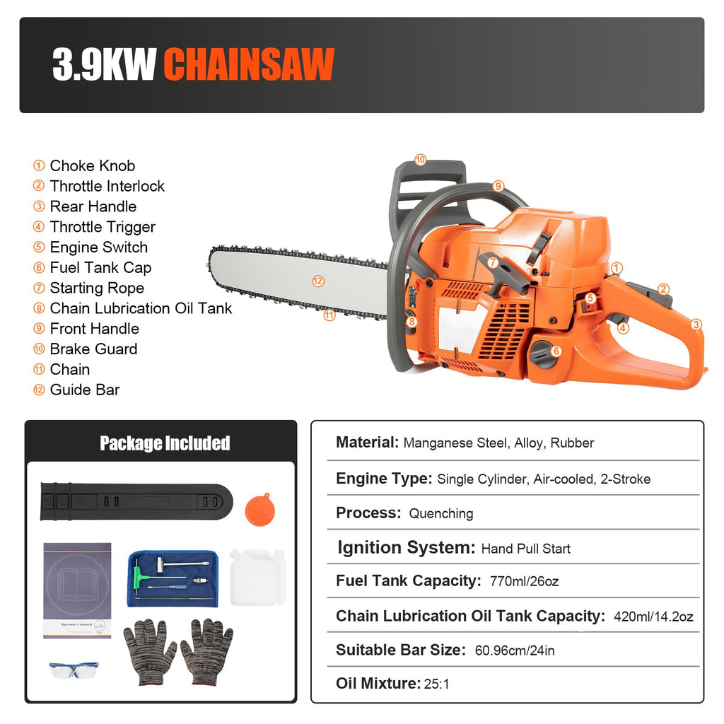 Gas Powered Chainsaw, 71.8cc 2-Stroke, 24 Inch E82801