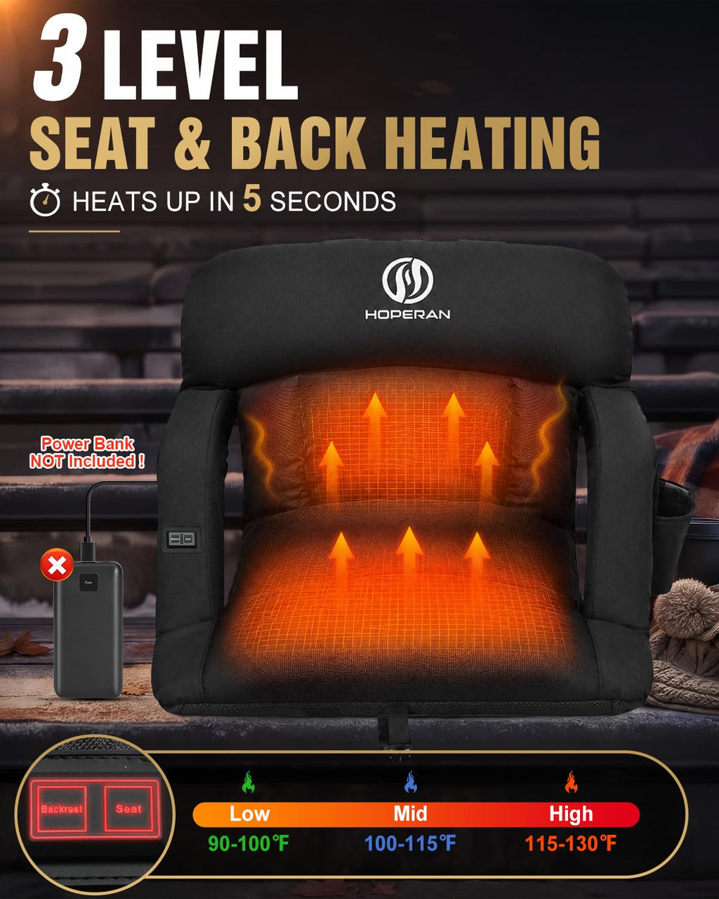 25" Heated Stadium Seats for Bleachers, 4.3" Extra Thick, Black 2PC H6202