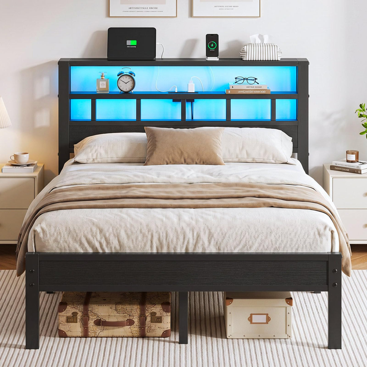Full Size Bed Frame with Charging Station and LED B47616