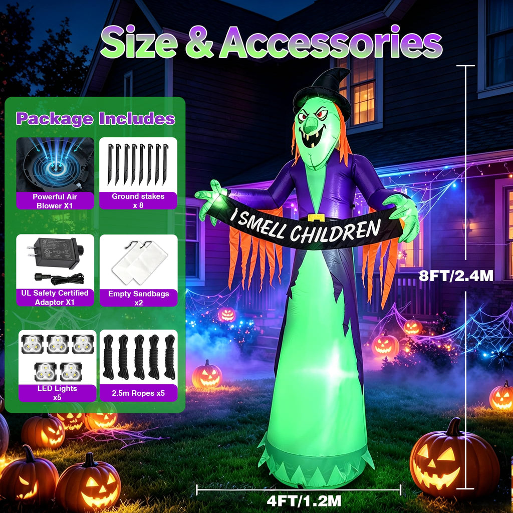 8FT Inflatable Witch Halloween Decoration with Built-in LED Lights I2222