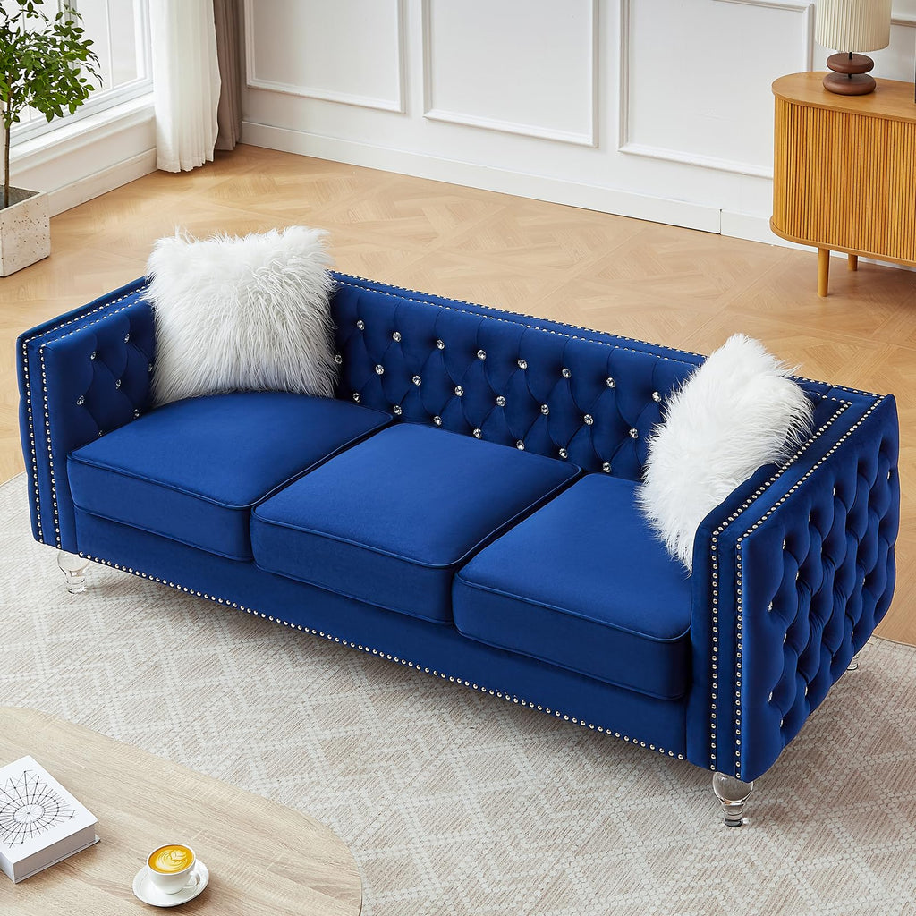 Blue Velvet Chesterfield Sofa with 2 Throw Pillows F661