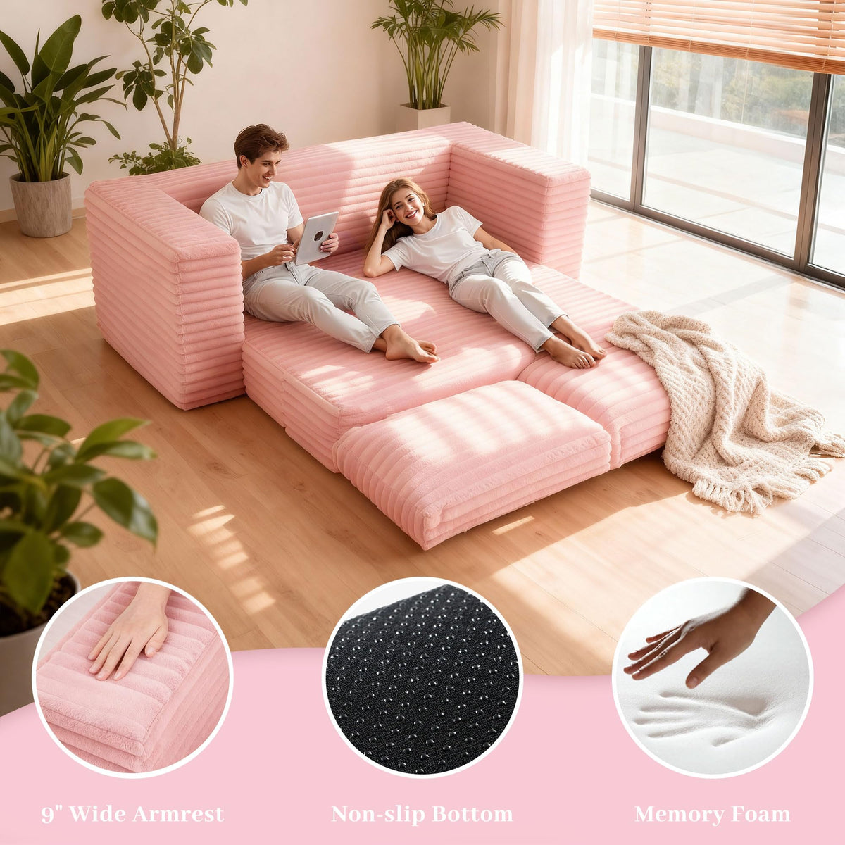 62" Pink Convertible Folding Sofa Bed C9308