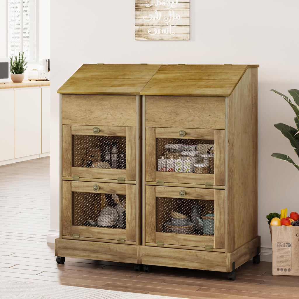 Brown Wooden Potato Storage Bin with Wheel Q244