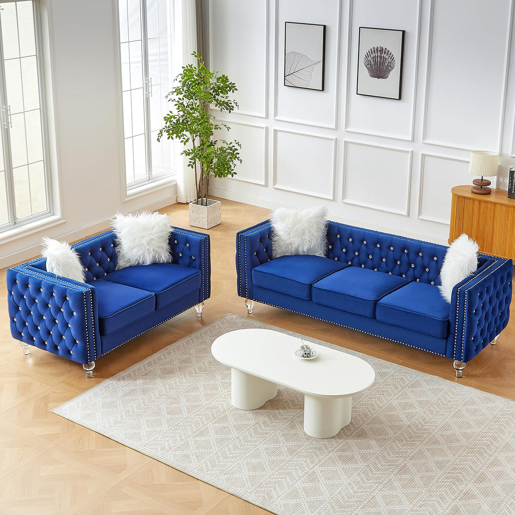 Blue Velvet Chesterfield Sofa with 2 Throw Pillows F661