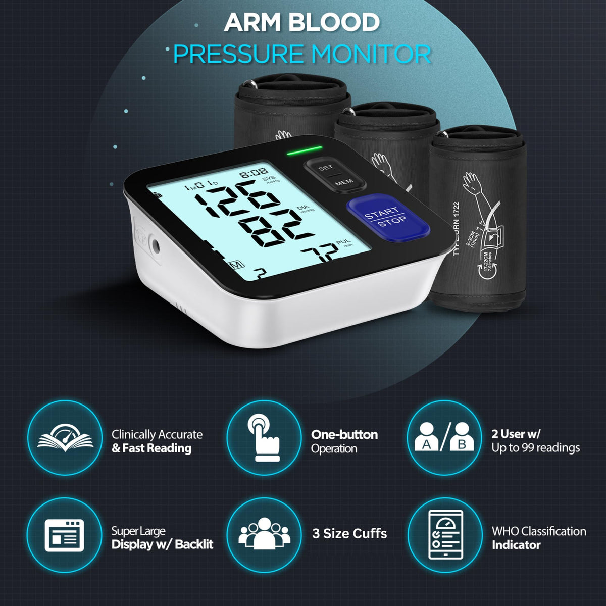 Upper Arm Blood Pressure Machine with 3 Size Cuffs H330