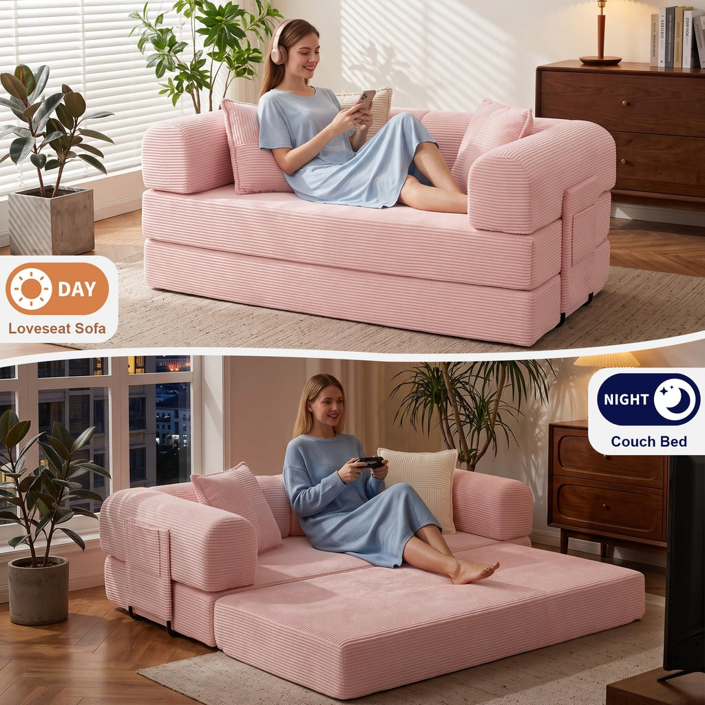 Pink Convertible Futon Sofa Bed with 3 Pillows Y75907