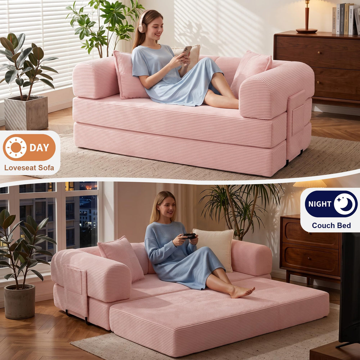 Pink Convertible Futon Sofa Bed with 3 Pillows Y75907
