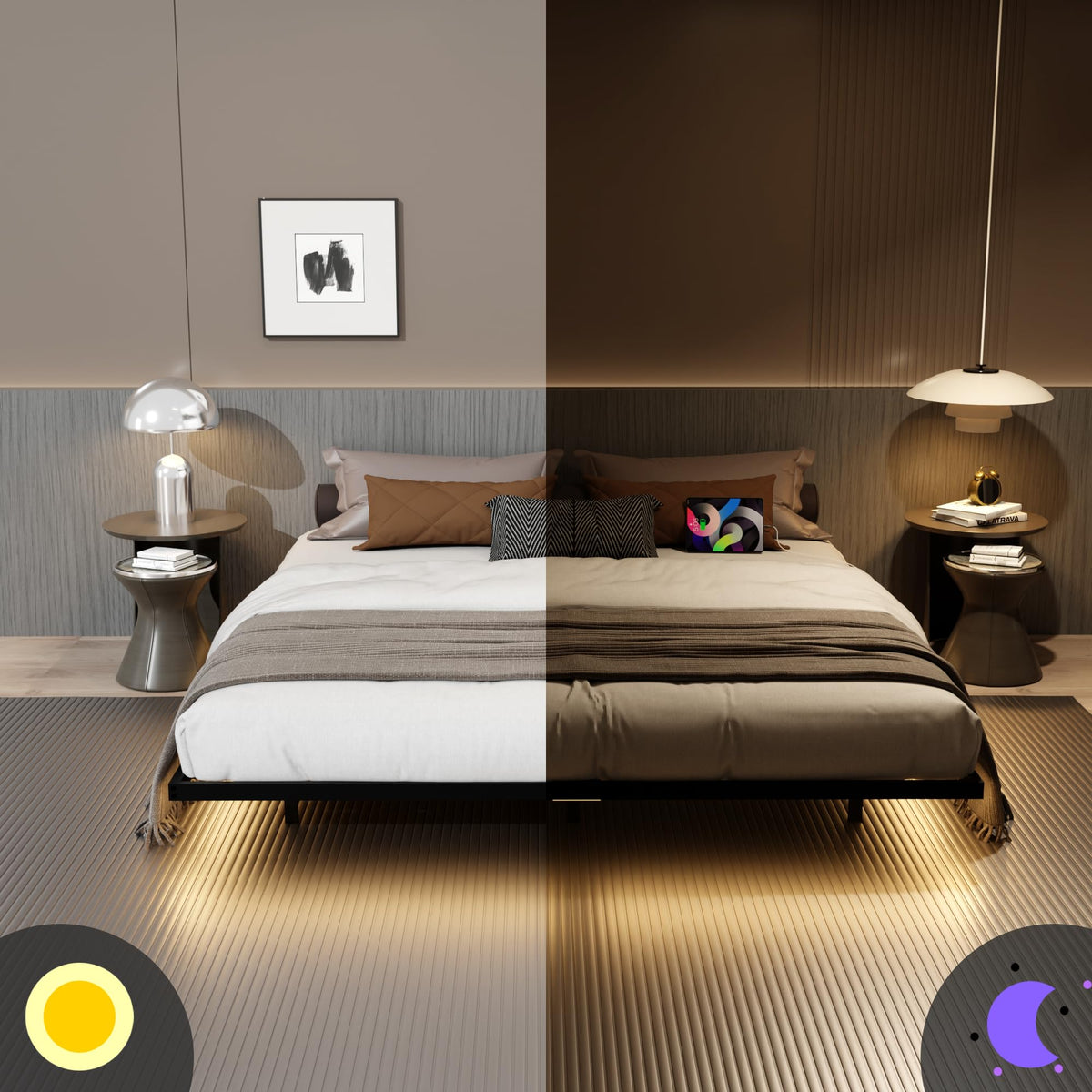 King Size Metal Platform Bed Frame with Charging Station and LED Lights G1827