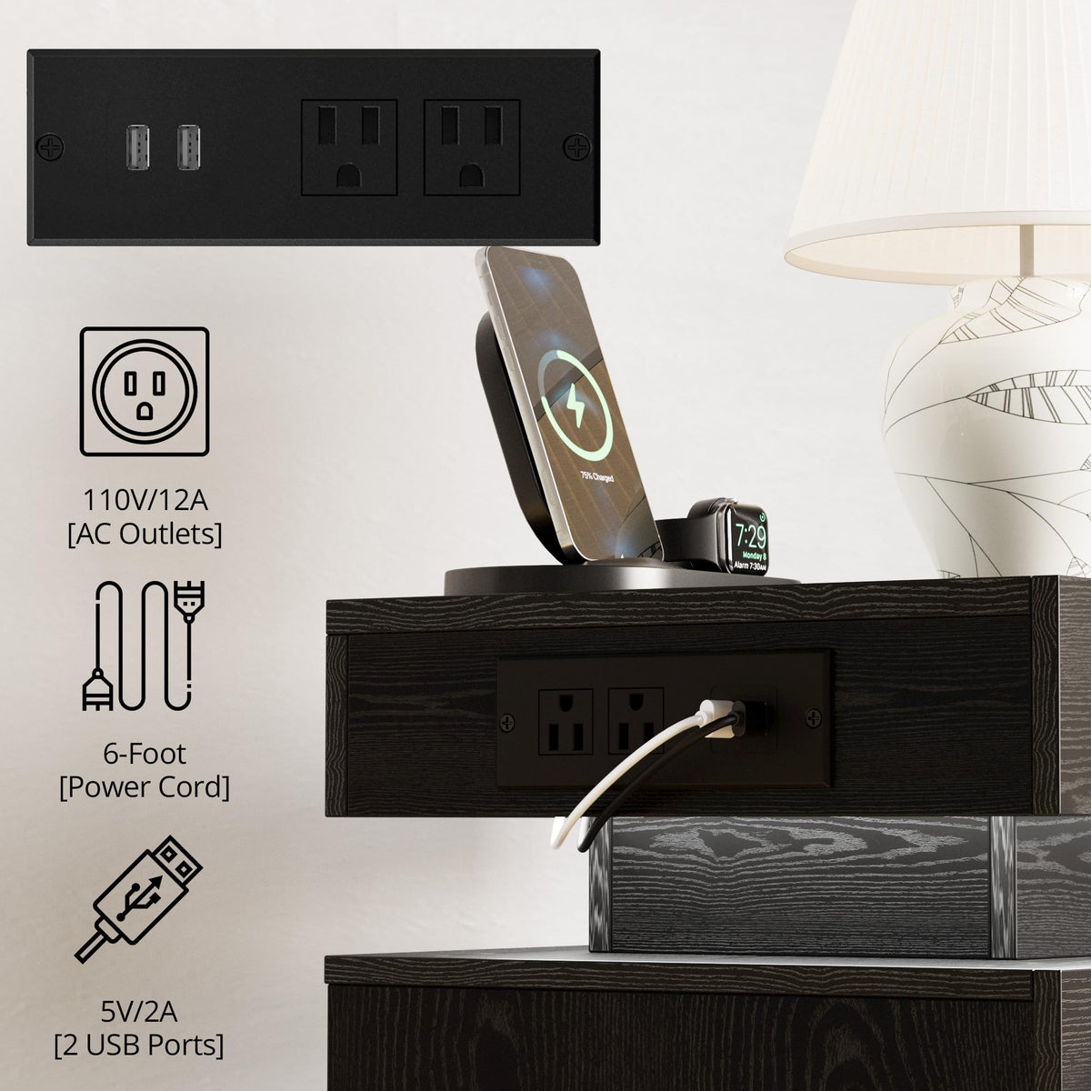 Black 3 Drawer Nightstand with Charging Station H29247