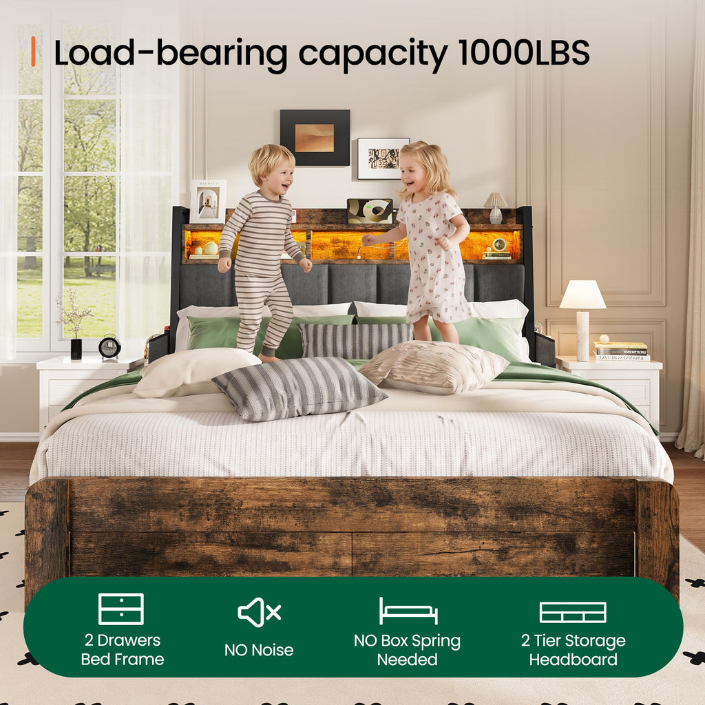 King Size Upholstered Bed Frame with 2 Storage Drawers and Charging Station M27168