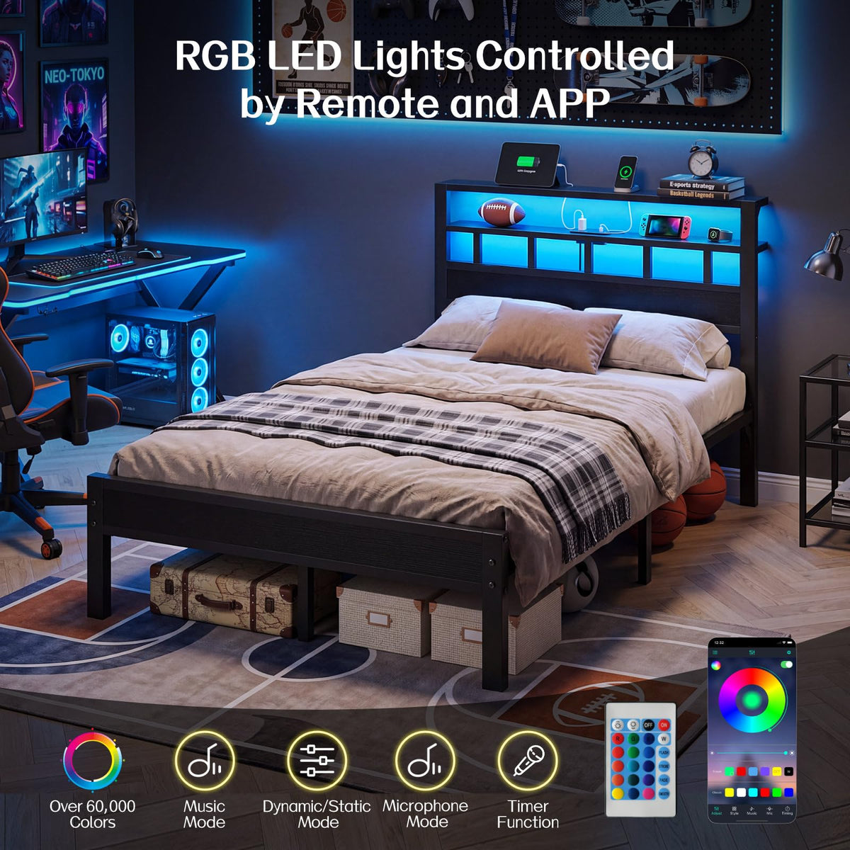 Full Size Bed Frame with Charging Station and LED B47616