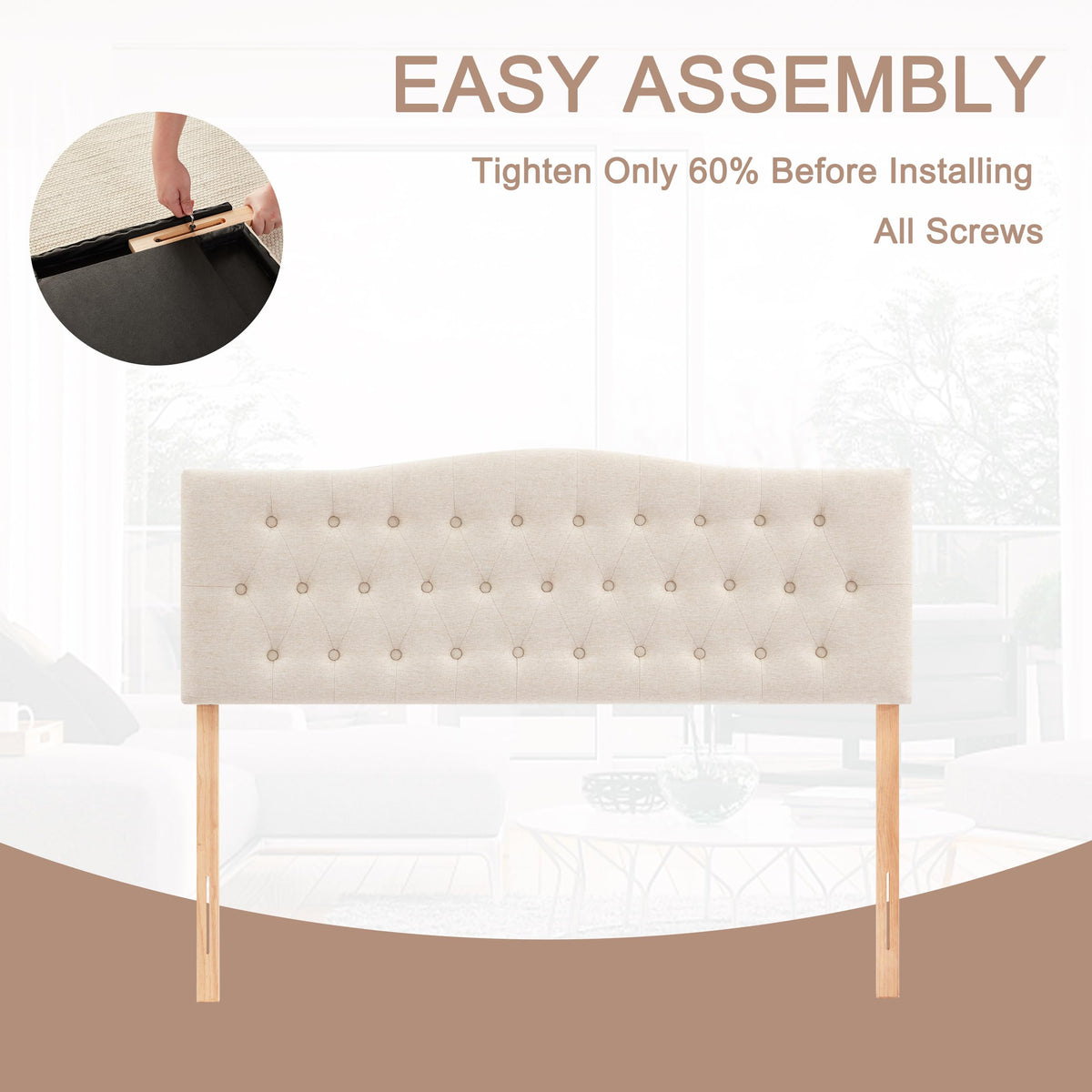 Beige Queen Size Tufted Headboard V48074