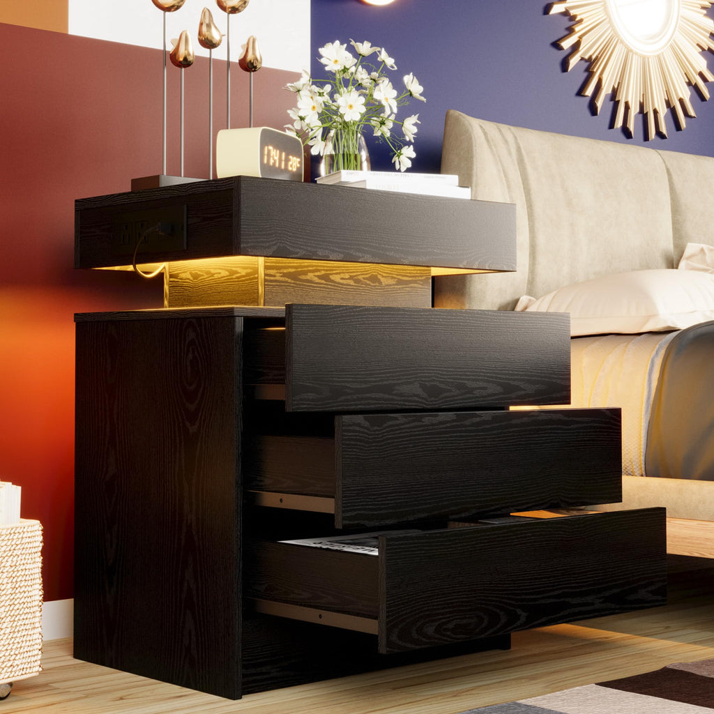 Black 3 Drawer Nightstand with Charging Station H29247