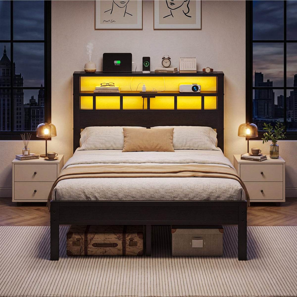 Full Size Bed Frame with Charging Station and LED B47616