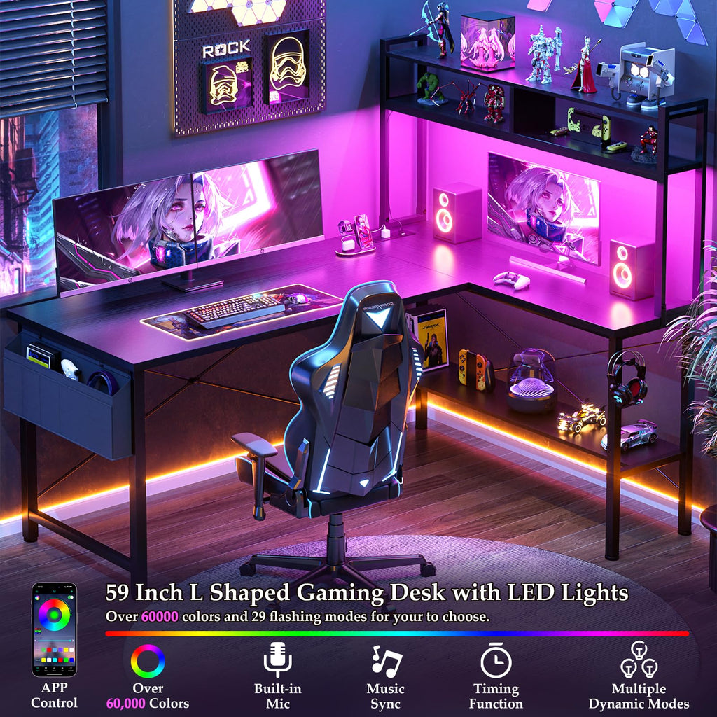59" L Shaped Desk with LED Light & Power Outlet Z429