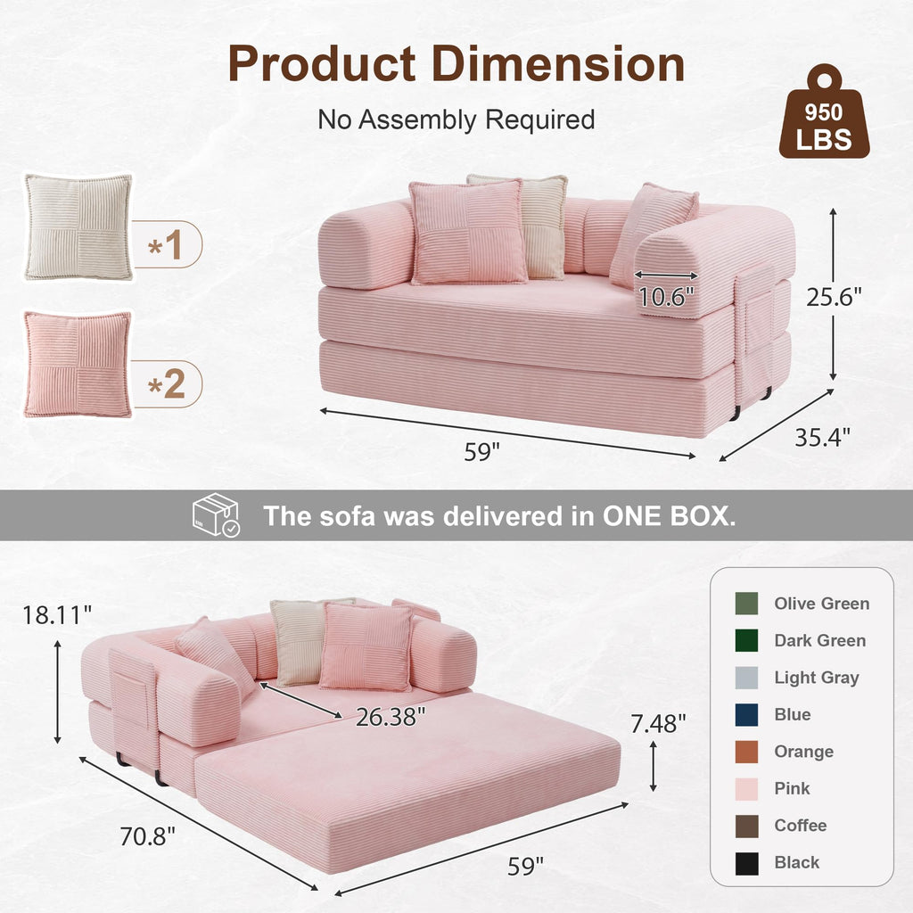 Pink Convertible Futon Sofa Bed with 3 Pillows Y75907