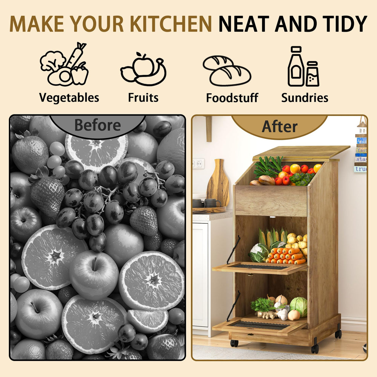 Brown Wooden Potato Storage Bin with Wheel Q244