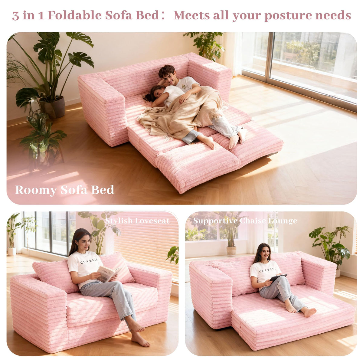 62" Pink Convertible Folding Sofa Bed C9308