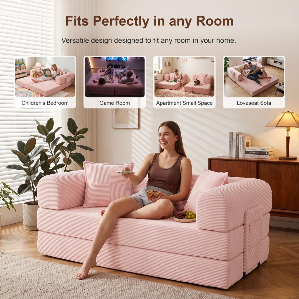 Pink Convertible Futon Sofa Bed with 3 Pillows Y75907