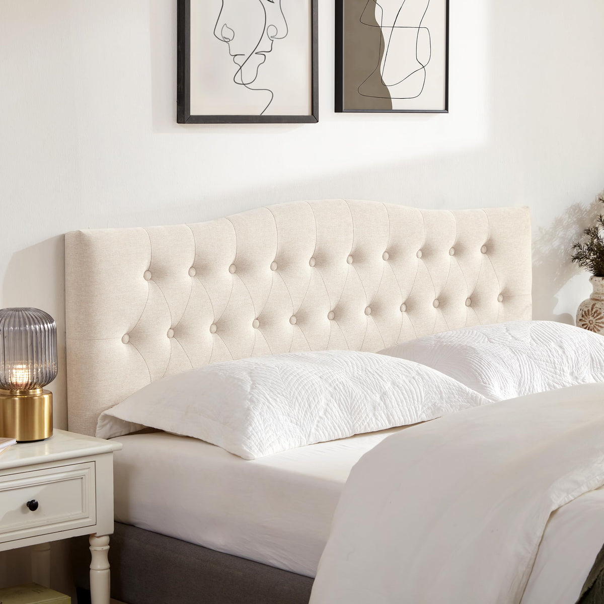 Beige Queen Size Tufted Headboard V48074