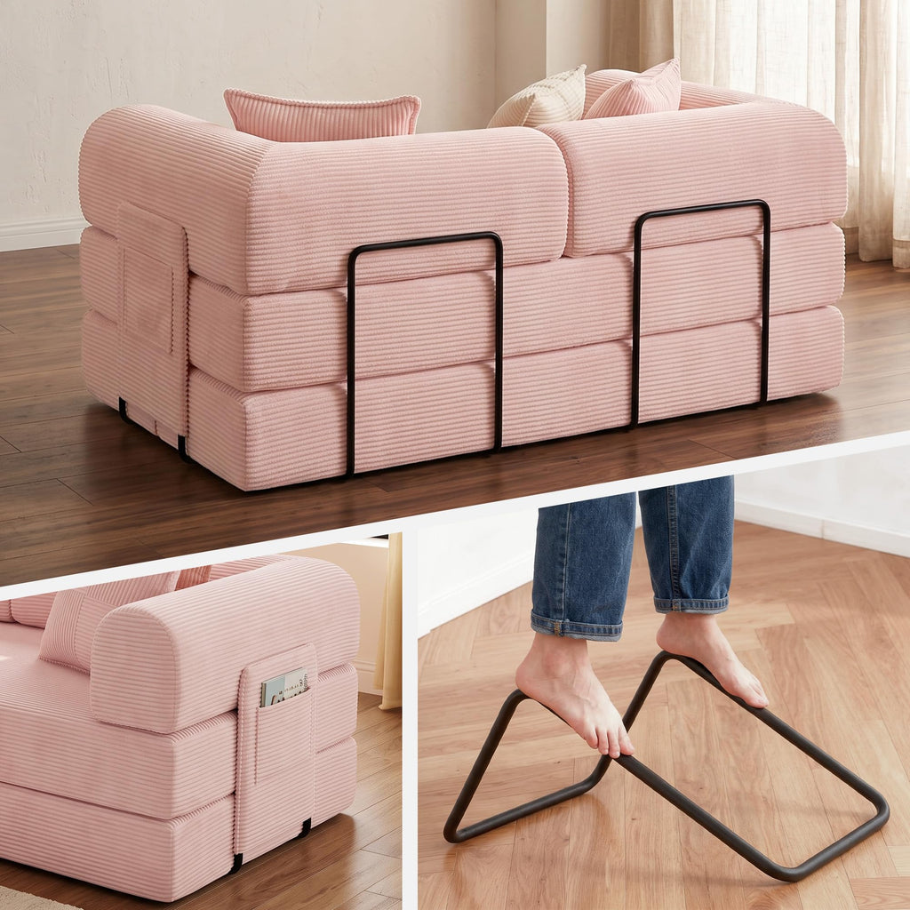 Pink Convertible Futon Sofa Bed with 3 Pillows Y75907