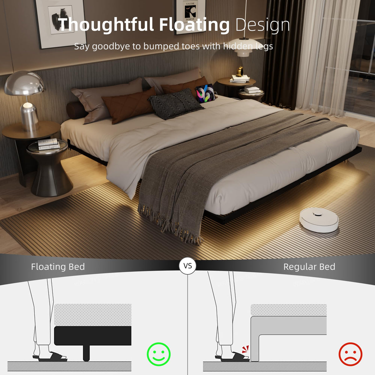 King Size Metal Platform Bed Frame with Charging Station and LED Lights G1827