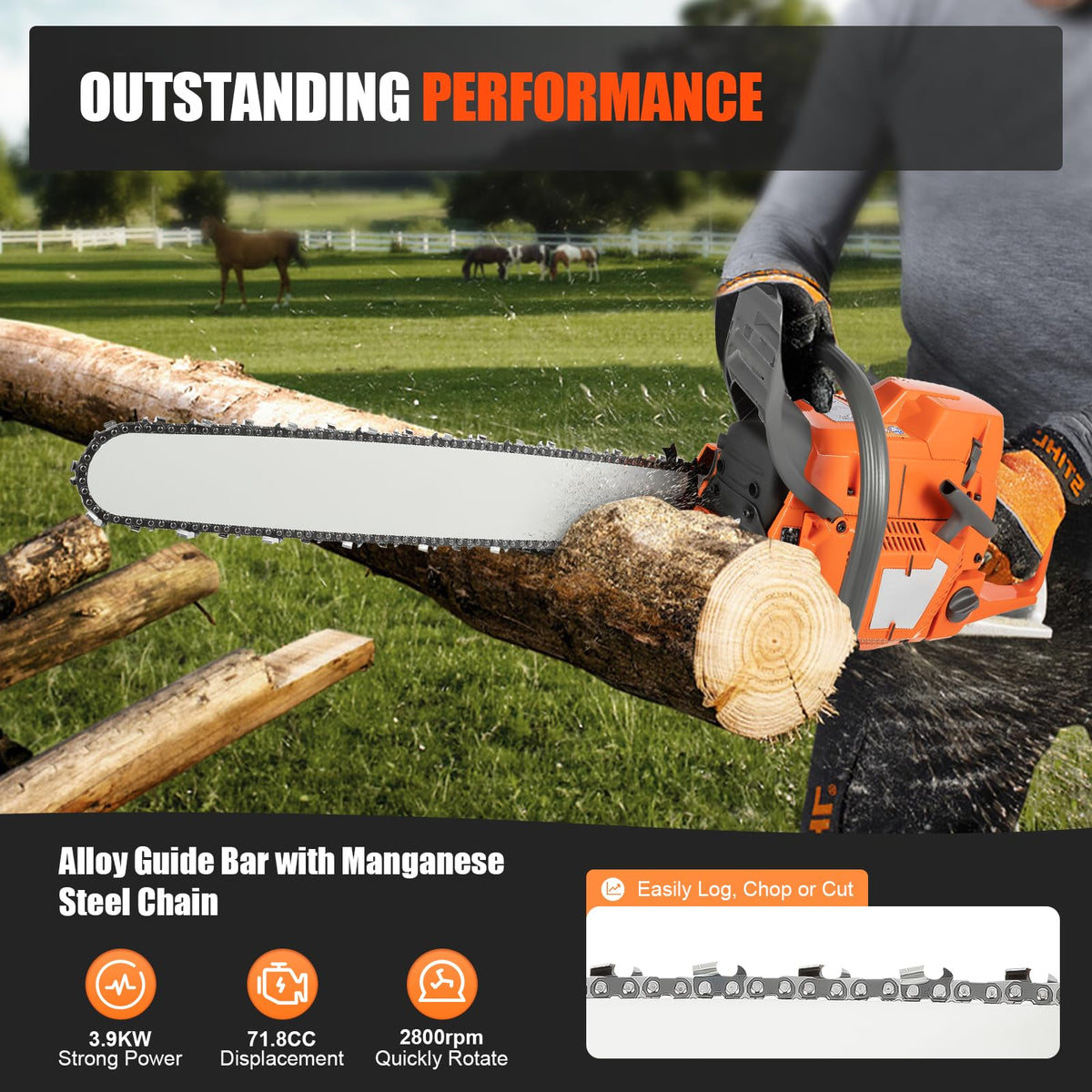 Gas Powered Chainsaw, 71.8cc 2-Stroke, 24 Inch E82801