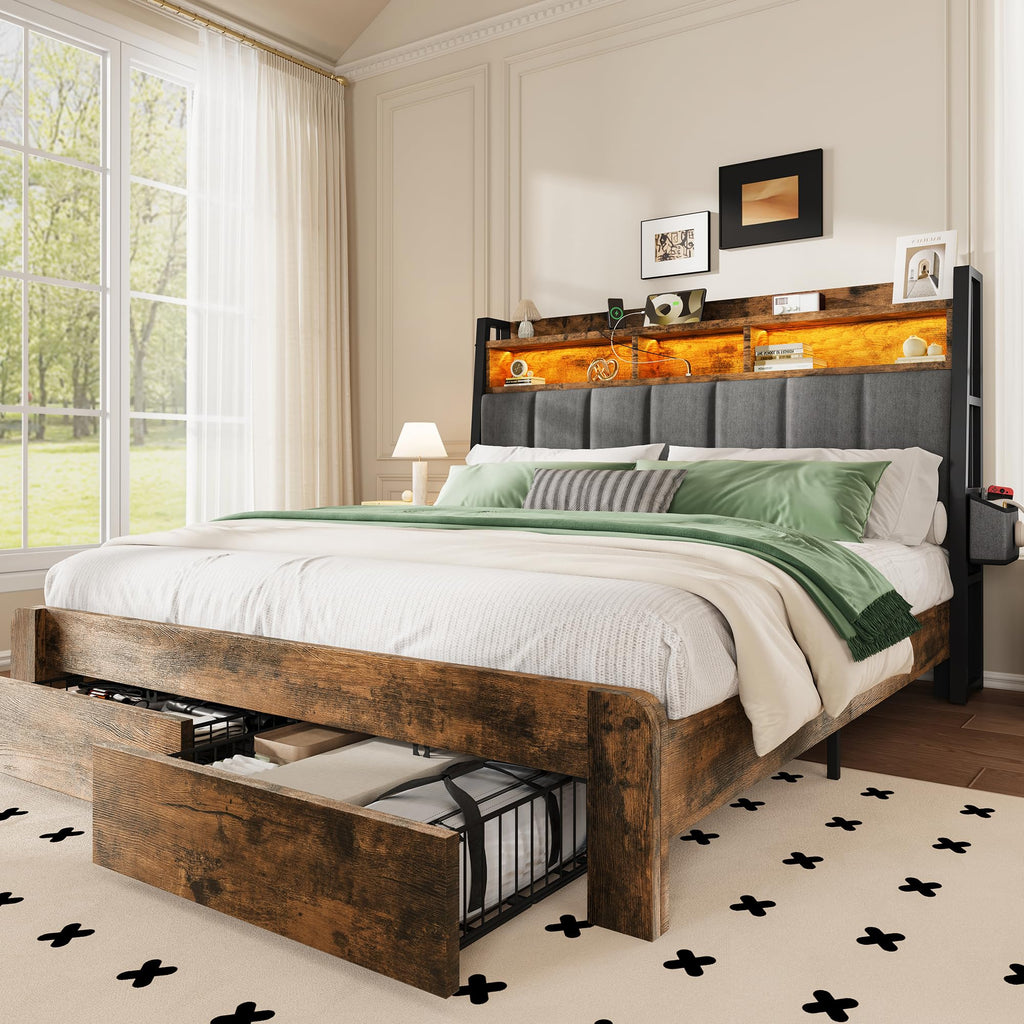 King Size Upholstered Bed Frame with 2 Storage Drawers and Charging Station M27168