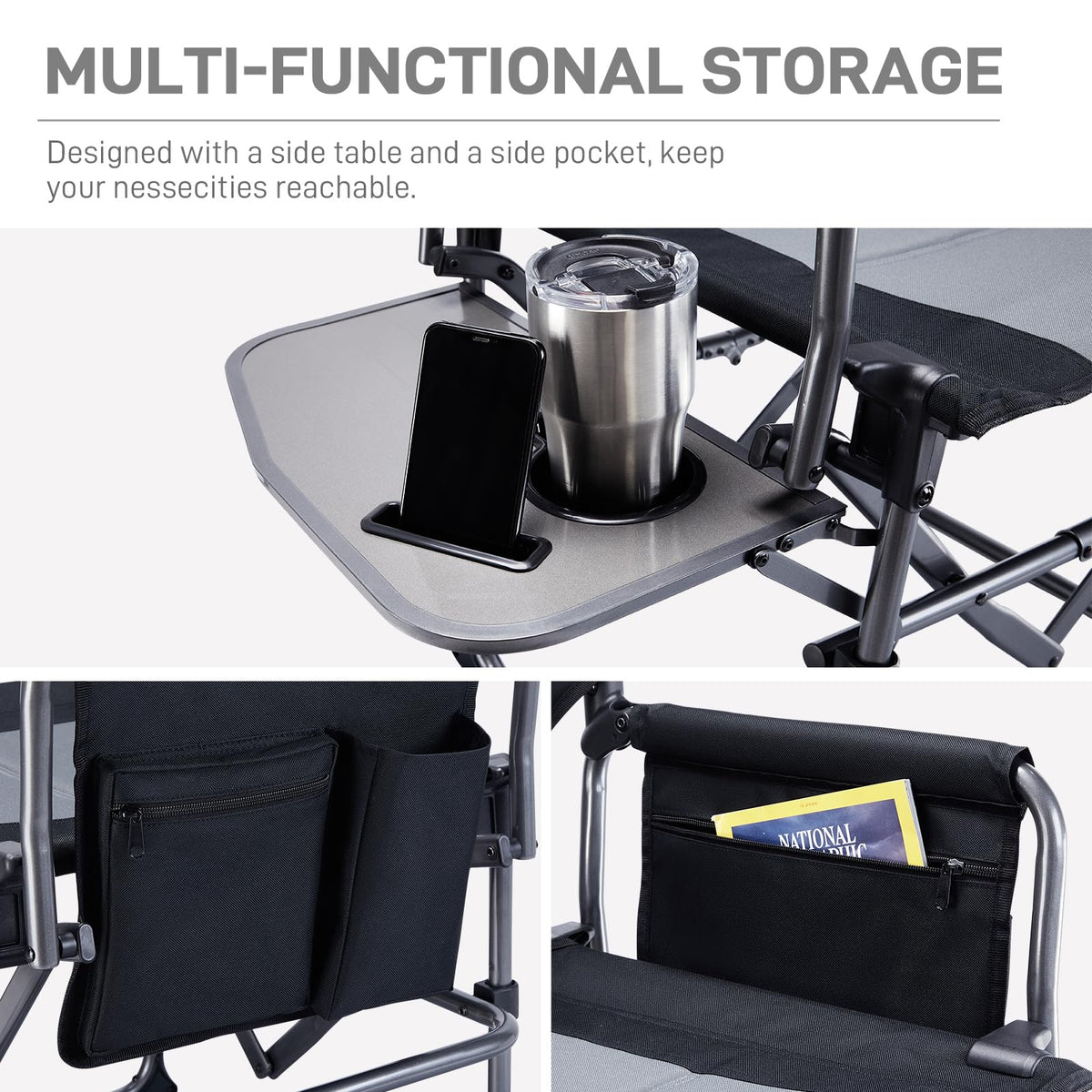 Portable Folding Camping Chair with Side Table, Black P78549