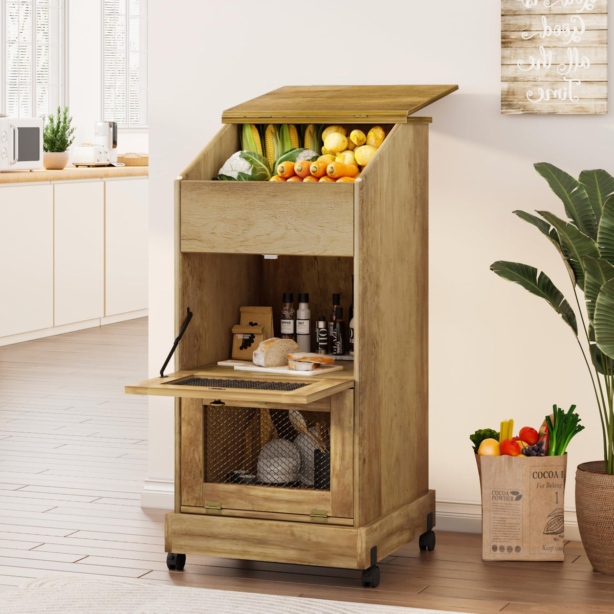 Brown Wooden Potato Storage Bin with Wheel Q244