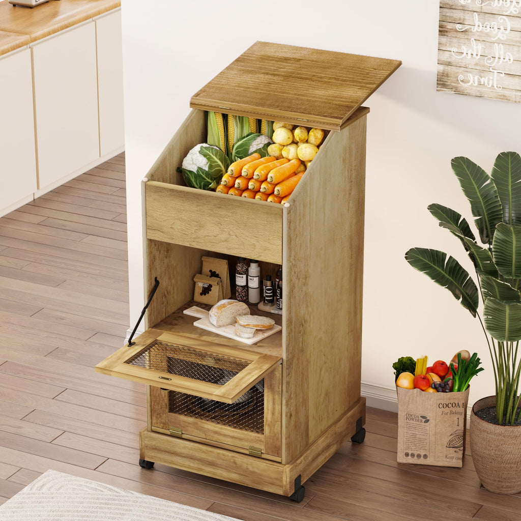 Brown Wooden Potato Storage Bin with Wheel Q244