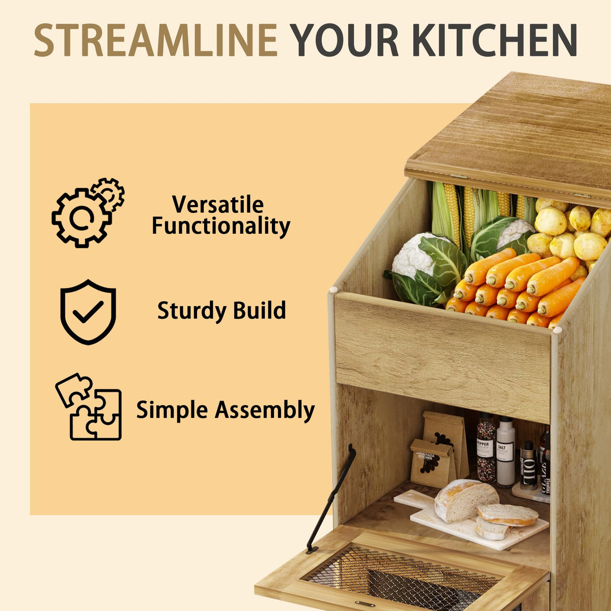 Brown Wooden Potato Storage Bin with Wheel Q244