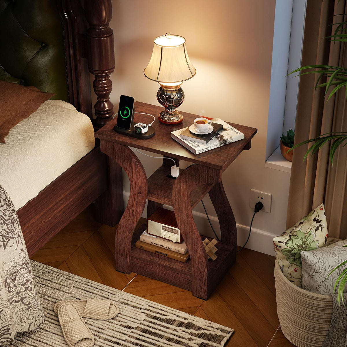 Narrow End Tables Set of 2 Wood with Charging Station C701