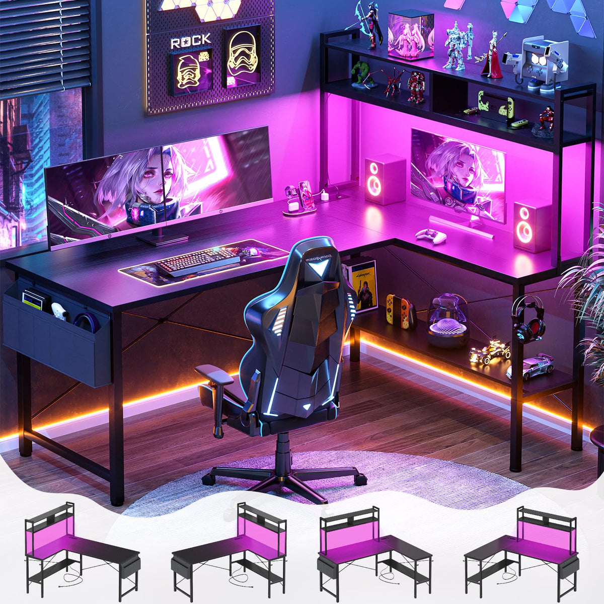 59" L Shaped Desk with LED Light & Power Outlet Z429