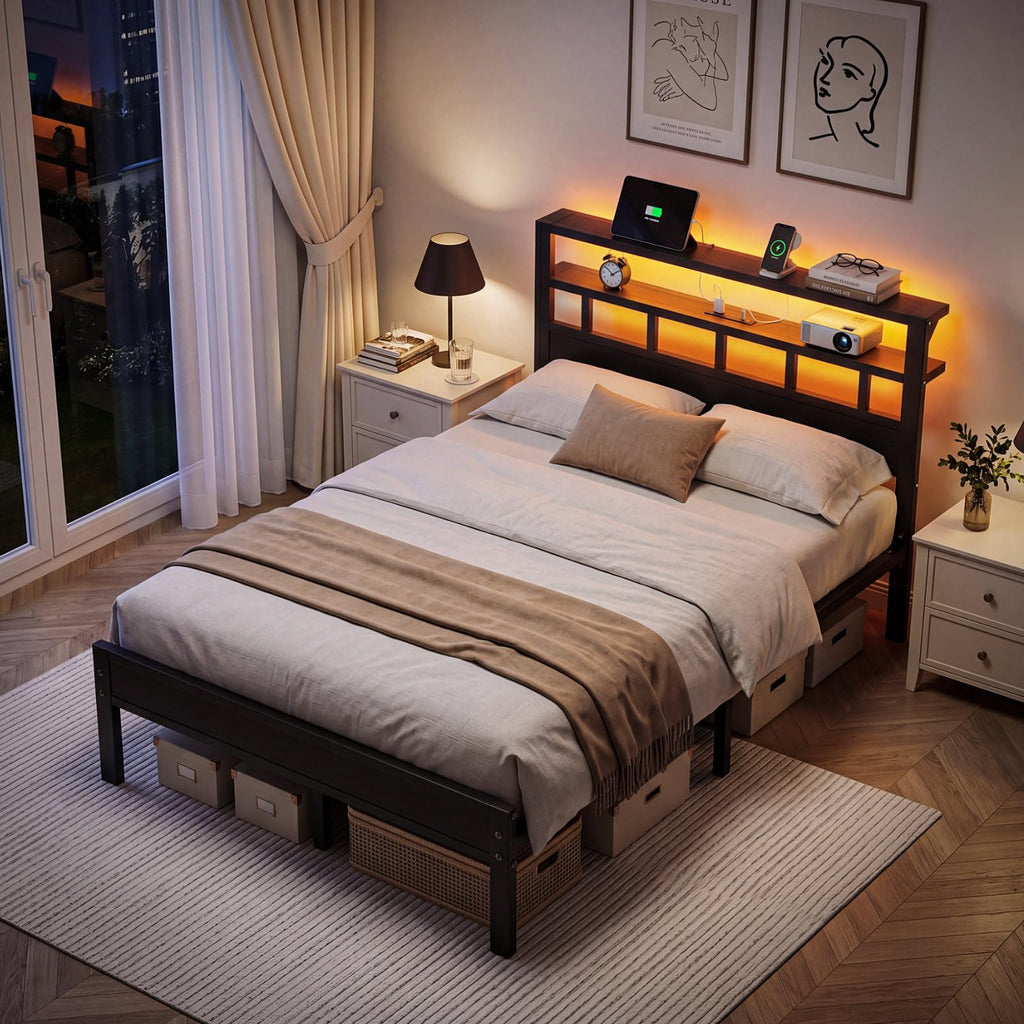 Full Size Bed Frame with Charging Station and LED B47616