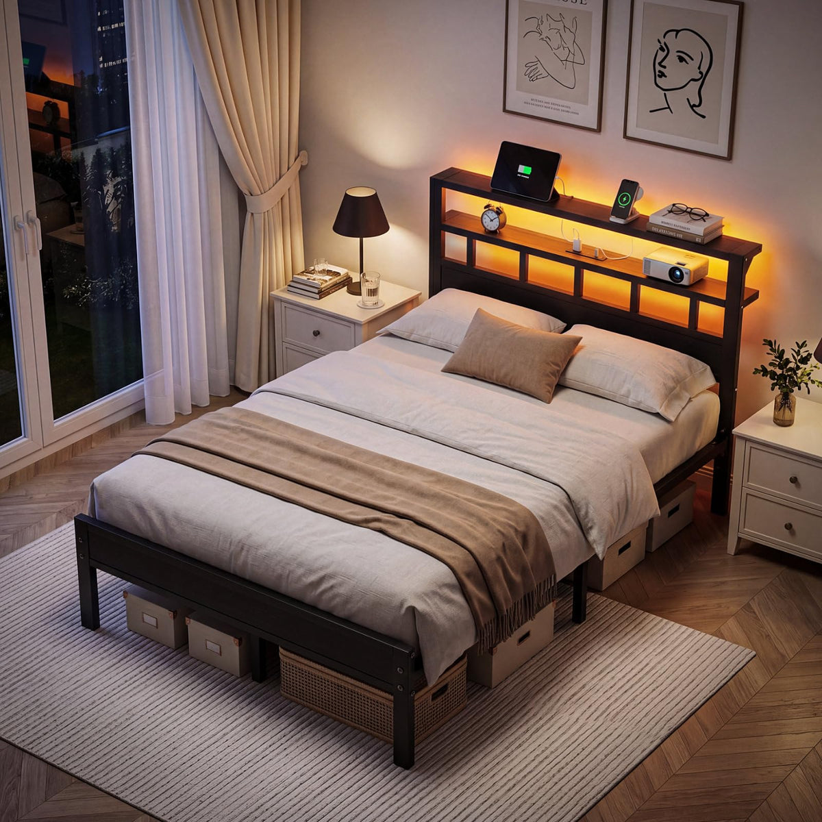 Full Size Bed Frame with Charging Station and LED B47616