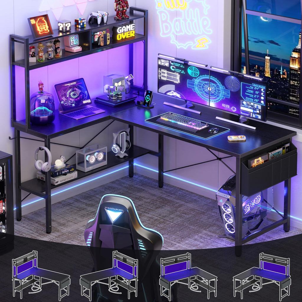 59" L Shaped Desk with LED Light & Power Outlet Z429