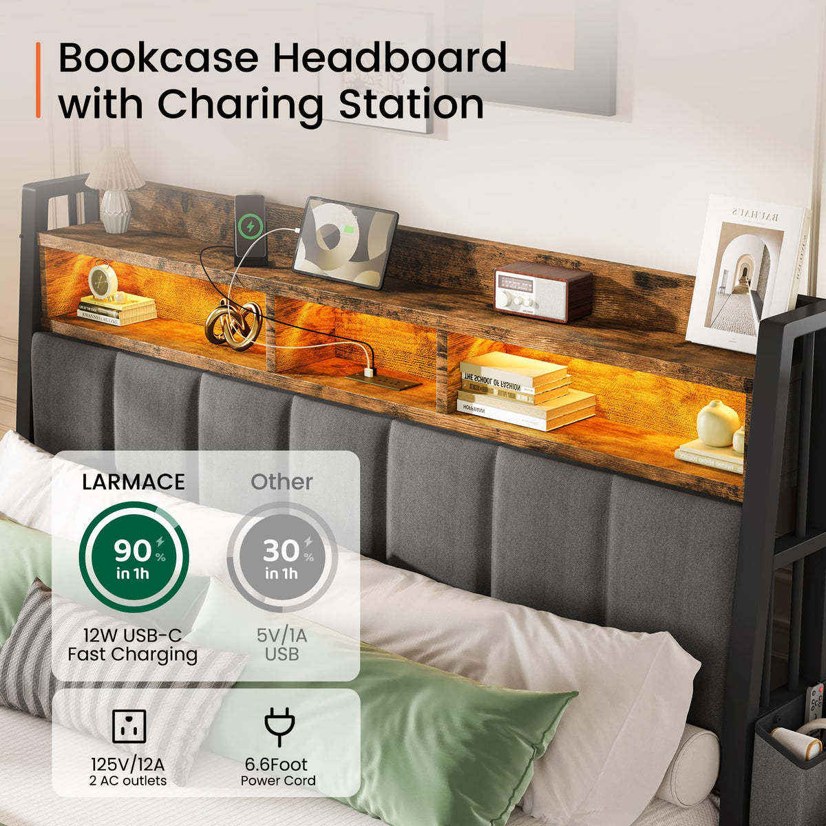 King Size Upholstered Bed Frame with 2 Storage Drawers and Charging Station M27168