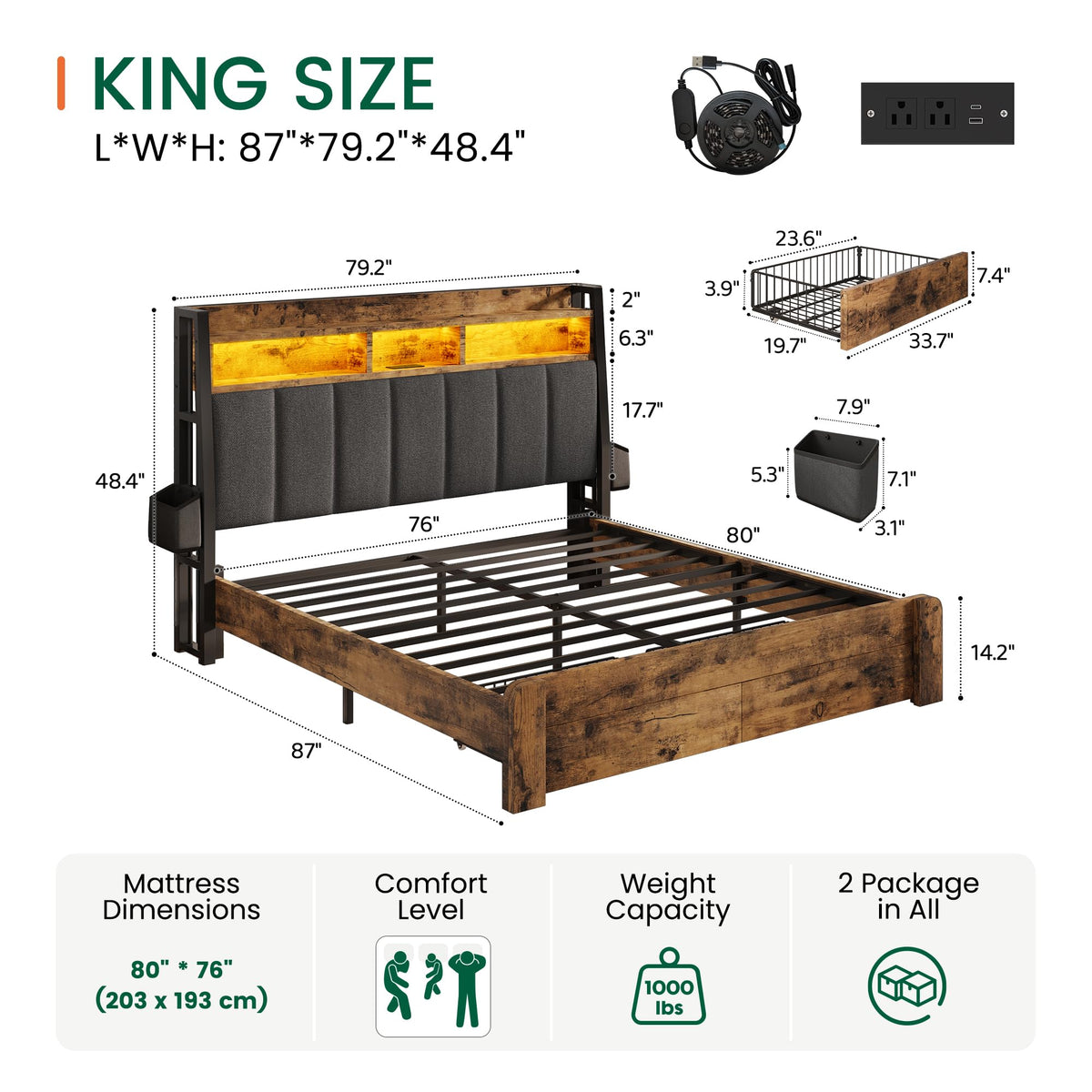 King Size Upholstered Bed Frame with 2 Storage Drawers and Charging Station M27168