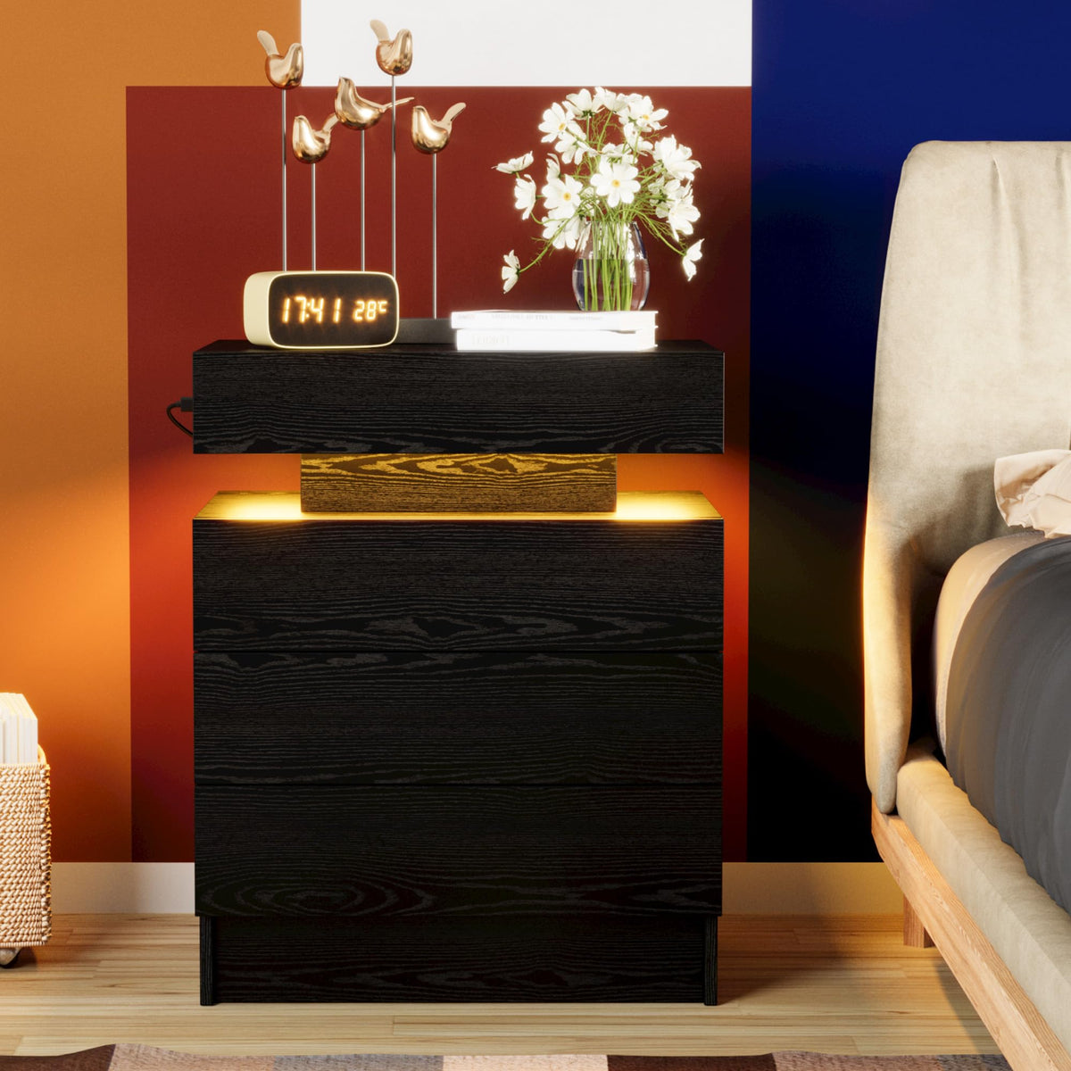 Black 3 Drawer Nightstand with Charging Station H29247