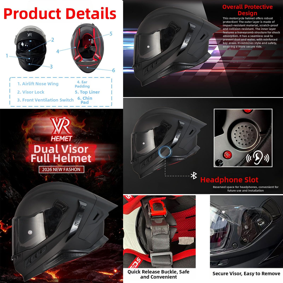 Full Face Motorcycle Helmet DOT Dual Sun Visor U694