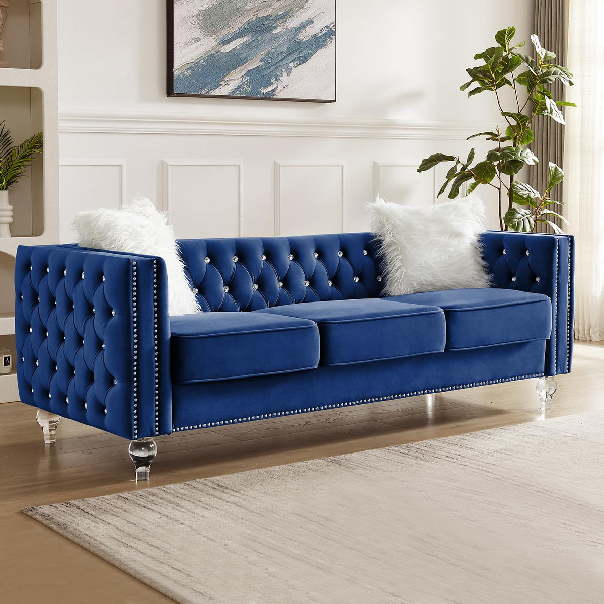 Blue Velvet Chesterfield Sofa with 2 Throw Pillows F661