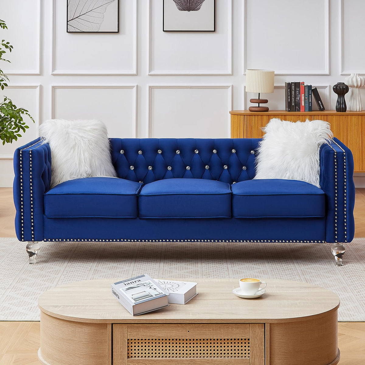 Blue Velvet Chesterfield Sofa with 2 Throw Pillows F661